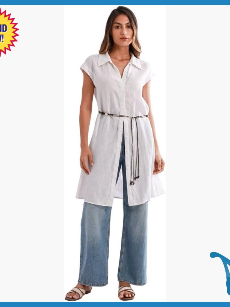 Linen Shirt Dress With Belt, Knee Length, Button Down, Size S